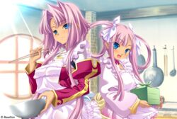  2girls absurdres apron blue_eyes chopsticks cooking detached_sleeves highres hikage_eiji koihime_musou multiple_girls oerba_yun_fang official_art pink_hair siblings sisters smile sonken sonshoukou twintails 