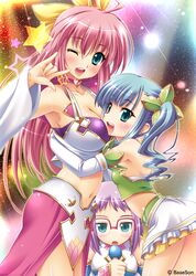  3girls absurdres armpits blue_eyes blue_hair breasts chouhou choukaku chouryou_(renhou) cleavage detached_sleeves glasses highres hug koihime_musou large_breasts long_hair microphone midriff multiple_girls navel one_eye_closed pink_hair purple_hair ribbon shinozuka_atsuto short_hair siblings side_ponytail sisters skirt small_breasts smile 