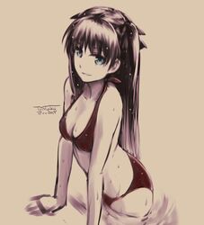  :d bikini black_bikini black_bow blue_eyes bow breasts brown_background brown_hair cleavage collarbone commentary_request fate/stay_night fate_(series) female hair_between_eyes hairbow highres iida_toyoyuki long_hair looking_at_viewer medium_breasts open_mouth simple_background smile solo swimsuit tohsaka_rin two_side_up 