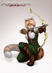  aiming all_the_king&#039;s_men anthro arrow_(weapon) bow_(weapon) clothed clothing digital_media_(artwork) domestic_cat felid feline felis female hair hi_res holding_object holding_weapon lavenderpandy mammal ranged_weapon simple_background solo theblackrook tia_(carmel) weapon 