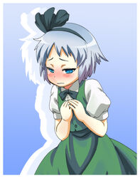  alternate_hairstyle bad_id bad_pixiv_id black_hairband blue_background blue_eyes blush female flat_chest grey_hair hairband konpaku_youmu mukai puffy_short_sleeves puffy_sleeves ribbon short_hair short_sleeves skirt solo touhou vest wavy_mouth 