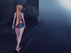  ass back bare_shoulders belt bible_black blonde_hair breasts feet female high_heels highres legs long_hair nightmare_express ponytail road saeki_kaori short_shorts shorts solo street thighs walking 