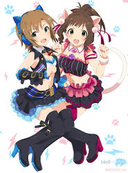  2girls :d animal_ear_headphones animal_ears asterisk_(idolmaster) belt_boots black_footwear blue_eyes blush boots breasts brown_hair cat_ear_headphones cat_ears cat_tail commentary_request detached_collar detached_sleeves fake_animal_ears green_eyes headphones heart high_heel_boots high_heels idolmaster idolmaster_cinderella_girls lightning_bolt_symbol maekawa_miku medium_breasts midriff mizuki_makoto multiple_girls nail_polish oerba_yun_fang open_mouth over_the_collar_(idolmaster) paw_print photoshop_(medium) short_hair skirt smile tada_riina tail thigh_boots thighhighs 