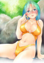  :d bikini blush breasts cleavage commentary_request day earrings female full-face_blush glasses green_eyes green_hair jewelry large_breasts navel o-ring o-ring_bikini o-ring_top onsen open_mouth outdoors randou_serika rock smile solo super_real_mahjong swimsuit thong water wet yagisaka_seto yellow_bikini 