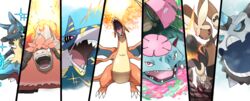  action_pose ambiguous_gender anthro canid canine crossbar_emanata elemental_creature emanata feral fish flora_fauna generation_6_pokemon goo-connected_lips hi_res impact_lines lagomorph mammal marine mega_camerupt mega_charizard mega_charizard_y mega_evolution mega_glalie mega_lopunny mega_lucario mega_sharpedo mega_venusaur membrane_(anatomy) membranous_wings multiple_images naokado nintendo partitioning plant pokemon pokemon_(species) pose solo sparkles wings 