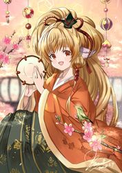  :d bad_id bad_pixiv_id banamons big_hair bird blurry blurry_background dated female food fruit gold_trim granblue_fantasy hands_up highres instrument japanese_clothes kimono long_hair looking_at_viewer mahira_(granblue_fantasy) open_mouth orange_(fruit) orange_kimono red_eyes sepia smile solo tambourine very_long_hair wide_sleeves 