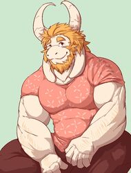  anthro asgore_dreemurr biceps blonde_hair boss_monster_(undertale) bottomwear bovid caprine clothed clothing fur hair horn istani long_ears looking_at_viewer male mammal muscular pants pecs shirt simple_background sitting smile solo topwear undertale undertale_(series) white_body white_fur 