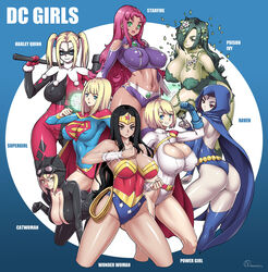  6+girls :3 animal_hood ass ass_visible_through_thighs batman_(series) bent_over black_hair blonde_hair bodysuit bracer breasts cape cat_hood catwoman character_name cleavage_cutout clothing_cutout colored_skin commentary_request covered_nipples curvy dc_comics domino_mask forehead_jewel gloves goggles green_hair green_skin harley_quinn highleg highleg_leotard highres hood huge_breasts impossible_bodysuit impossible_clothes impossible_leotard impossible_shirt large_breasts leaning_forward legs_apart lens_flare leotard looking_at_viewer magic mask monster_girl multiple_girls navel onomeshin pale_skin paw_pose photoshop_(medium) plant_girl poison_ivy power_girl purple_hair raven_(dc) red_cape selina_kyle shirt sleeved_leotard standing starfire stomach supergirl superhero_costume superman_(series) teen_titans thigh_gap thighhighs tiara toned twintails wonder_woman wonder_woman_(series) 