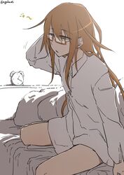  alarm_clock bad_id bad_twitter_id bed blanket brown_eyes brown_hair clock enoshito female glasses kantai_collection long_hair long_sleeves mochizuki_(kancolle) open_mouth pajamas red-framed_eyewear semi-rimless_eyewear sitting solo triangle_mouth twitter_username under-rim_eyewear 