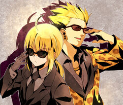  1boy ahoge animal_print artoria_pendragon_(fate) blonde_hair commentary_request earrings fate/stay_night fate_(series) female formal gilgamesh_(fate) gilgamesh_(modern_costume_of_volupte)_(fate) green_eyes ha84no hair_slicked_back jewelry leopard_print necktie official_alternate_costume red_eyes saber_(fate) suit sunglasses 