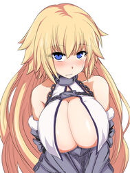  bare_shoulders blonde_hair blue_eyes blush breasts chains cleavage closed_mouth commentary_request eyes_visible_through_hair fate/apocrypha fate/extra fate/grand_order fate_(series) female gauntlets headpiece highres isemagu jeanne_d&#039;arc_(fate) jeanne_d&#039;arc_(third_ascension)_(fate) large_breasts long_hair looking_at_viewer md5_mismatch nose_blush simple_background solo sweatdrop upper_body v_arms very_long_hair white_background 