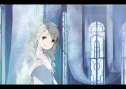  blonde_hair blue_bow bow braid brown_hair closed_mouth commentary_request dress female hair_ribbon hairband hairbow hand_up head_tilt indoors letterboxed long_hair long_sleeves looking_at_viewer makihitsuji maquia_(sayoasa) ribbon ribbon_braid sayonara_no_asa_ni_yakusoku_no_hana_wo_kazarou side_braid sleeves_past_wrists smile solo transparent twin_braids upper_body very_long_hair white_dress white_hairband white_ribbon window 