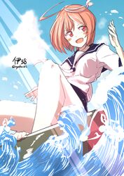  :d ahoge blue_sky blush_stickers cloud enoshito female hair_ornament i-58_(kantai_collection) kantai_collection one-piece_swimsuit open_mouth pink_hair red_eyes school_swimsuit school_uniform serafuku short_hair short_sleeves sky smile solo surfing swimsuit water waves 