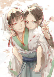  2boys bandana barefoot black_hair bun_cover carrying chinese_clothes commentary_request earrings hair_bun hakutaku_(hoozuki_no_reitetsu) hanfu hoozuki_(hoozuki_no_reitetsu) hoozuki_no_reitetsu horns j.w jewelry lolicon long_sleeves looking_at_viewer male_focus multiple_boys oni petals photoshop_(medium) piggyback pointy_ears single_hair_bun single_horn smile v yellow_eyes 