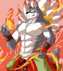  2015 abs anthro biceps biped canid canine canis claws clothed clothing digital_media_(artwork) fur grey_body grey_fur kadzu male mammal muscular muscular_anthro muscular_male pecs solo standing topless white_body white_fur wolf wristband 