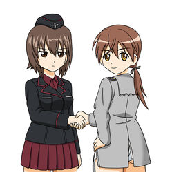  2girls brown_hair commentary_request crossover garrison_cap gertrud_barkhorn girls_und_panzer handshake hat hoshino_banchou military military_uniform multiple_girls nishizumi_maho photoshop_(medium) strike_witches uniform world_witches_series 