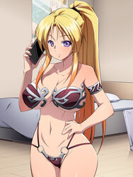  bare_shoulders barefoot bed bed_sheet bible_black blonde_hair blush breasts cellphone feet female hand_on_hip highres large_breasts legs long_hair looking_at_viewer navel nightmare_express phone pillow ponytail purple_eyes saeki_kaori solo standing thighs toes 