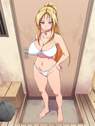  bare_shoulders barefoot bible_black blonde_hair blush bra breasts cleavage door feet female hand_on_hip highres large_breasts legs long_hair looking_at_viewer nightmare_express panties ponytail purple_eyes saeki_kaori smile solo standing thighs toes underwear white_bra white_panties 