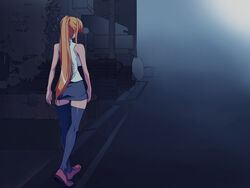  back bare_shoulders bible_black black_legwear blonde_hair breasts building feet female highres legs long_hair nightmare_express ponytail road saeki_kaori shoes skirt solo street thighs walking 