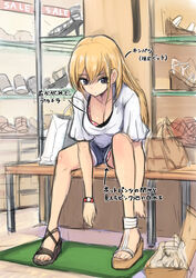  asymmetrical_footwear blonde_hair breasts cleavage commentary_request coupe50 female legs_apart long_hair medium_breasts mismatched_footwear panties real_life sitting solo translated underwear 