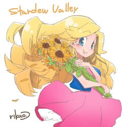  bare_arms blonde_hair blue_eyes blue_vest blush closed_mouth commentary_request copyright_name dress eyebrows female floating_hair flower haley_(stardew_valley) holding holding_flower long_hair open_clothes open_vest petals pink_dress rikuo_(whace) signature simple_background smile solo stardew_valley sunflower vest white_background yellow_flower 