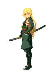  ashikaga_chachamaru blonde_hair commentary_request dh_ead female full_body holding holding_weapon katana long_hair lowres pixel_art red_eyes scabbard sheath soukou_akki_muramasa sword transparent_background weapon 