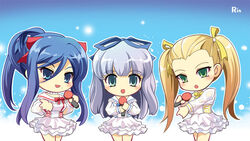  3girls aoki_hagane_no_arpeggio blonde_hair blue_eyes blue_hair chibi commentary_request dress green_eyes hair_ribbon haruna_(aoki_hagane_no_arpeggio) iona_(aoki_hagane_no_arpeggio) long_hair microphone mole mole_under_mouth multiple_girls murasame_rin photoshop_(medium) ponytail ribbon takao_(aoki_hagane_no_arpeggio) twintails 