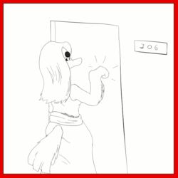  1:1 2016 achievement achievement_overlay achievement_unlocked anatid anseriform anserinae avian bird breasts cleavage clothed clothing cookie door dress duo electroshock_weapon female food human humbug_(artist) knocking leslie_dipietro line_art mammal mute_swan overlay pred_quest shana_fijiboyoshi slideshow smile swan taser texting weapon 