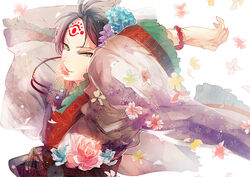  1boy arms_up black_hair bracelet chinese_clothes commentary_request facial_mark floral_print flower flower_in_mouth hair_flower hair_ornament hakutaku_(hoozuki_no_reitetsu) hanfu hoozuki_no_reitetsu ihiro jewelry long_sleeves looking_at_viewer male_focus mouth_hold photoshop_(medium) upper_body wide_sleeves wind yellow_eyes 