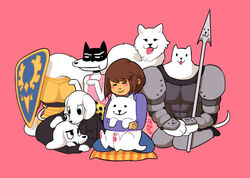  ambiguous_gender annoying_dog armor canine canine clothing cute damare dogamy dogaressa doggo female greater_dog group human lesser_dog male mammal melee_weapon monster pink_background polearm protagonist_(undertale) shield shirt simple_background spear tank_top toby_fox tongue tongue_out undertale video_games weapon 