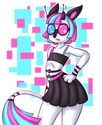  antennae_(anatomy) blush bovid breeoche caprine clothed clothing crop_top eyewear felid female floraverse glasses goat hand_on_hip hi_res hybrid mammal neon_(floraverse) pantherine scrapgoat shirt simple_background solo standing tiger topwear trans_(lore) trans_woman_(lore) turf_tiger 