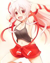  :d armpits breasts chiya_(urara_meirochou) commentary_request female highres long_hair looking_at_viewer medium_breasts midriff natsu_(927013) navel oerba_yun_fang open_mouth pink_eyes pink_hair red_ribbon ribbon shirt sideboob smile solo urara_meirochou 