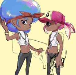  2boys afro bad_id bad_tumblr_id bandana baseball_cap black_pants blue_hair cosplay crop_top dark-skinned_male dark_skin hat highres inkling inkling_boy inkling_player_character looking_at_viewer male_focus marina_(splatoon) marina_(splatoon)_(cosplay) mole mole_above_mouth mole_under_mouth multiple_boys octoling octoling_boy octoling_player_character pants parted_lips pink_hair pointy_ears ponytail purple_eyes sideburns splatoon_(series) splatoon_2 tentacle_hair yellow_kirby 