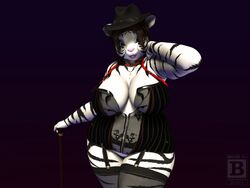  2017 3d_(artwork) 4:3 anthro big_breasts black_body black_fur blue_eyes blx24 breasts brown_hair cane cleavage clothed clothing corset digital_media_(artwork) felid female fur hair hat headgear headwear hi_res legwear lingerie lips looking_at_viewer mammal pantherine pink_lips pink_nose short_hair slightly_chubby smile solo standing stockings thick_thighs tiger topwear white_body white_fur wide_hips 