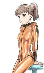  :o arm_support blush bodysuit brown_eyes brown_hair commentary_request female leaning_back long_hair misaki_yuria orange_bodysuit skin_tight solo twintails uchuu_senkan_yamato uchuu_senkan_yamato_2199 ueyama_michirou 