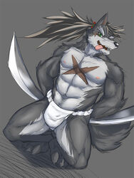  3:4 abs anthro asian_clothing biceps canid canine canis clothed clothing digital_media_(artwork) east_asian_clothing fundoshi fur green_eyes grey_body grey_fur hair japanese_clothing kadzu long_hair male mammal melee_weapon muscular muscular_anthro muscular_male nipples pecs scar solo sword topless underwear weapon wolf 