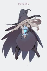  :d black_cape black_dress black_footwear black_hat black_pantyhose blonde_hair blush_stickers boots cape commentary_request crusaders_quest dorothy_(crusaders_quest) dress female foreshortening full_body grey_background hair_between_eyes hat highres knee_boots leaning_forward long_hair long_sleeves looking_at_viewer magic open_mouth orb outstretched_arm pantyhose purple_eyes simple_background smile solo whitebear witch witch_hat 