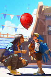  absurdres amusement_park backpack bag balloon black_hair blizzard_world blue_nails bracelet casual character_doll cosplay dark_skin day eye_of_horus facial_tattoo female hair_tubes highres jacket jewelry lolicon long_hair messenger_bag nail_polish one_knee overwatch pharah_(overwatch) pharah_(overwatch)_(cosplay) ring shoes shoulder_bag sleeves_pushed_up smbbkai sneakers tattoo 