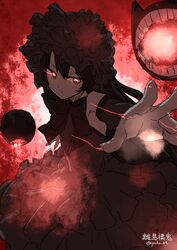  black_dress black_hair bonnet character_name dress enoshito female floating_fortress_(kantai_collection) frills glowing glowing_eyes isolated_island_oni kantai_collection long_hair orange_eyes outstretched_arm red_eyes shinkaisei-kan solo twitter_username white_skin 