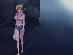  bag belt bible_black blonde_hair blue_eyes breasts cleavage female highres large_breasts legs long_hair looking_at_viewer midriff navel nightmare_express ponytail road saeki_kaori short_shorts shorts smile street thighs walking 