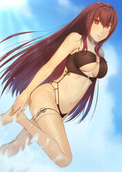  bikini black_bikini breasts cleavage clothing_cutout commentary_request fate/grand_order fate_(series) female highres large_breasts linked_bikini long_hair looking_at_viewer midriff navel purple_hair red_eyes scathach_(fate) smile solo strapless strapless_bikini sugita_(merinib) swimsuit underboob underboob_cutout 