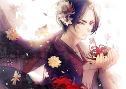  1boy black_hair commentary_request flower hair_flower hair_ornament holding hoozuki_(hoozuki_no_reitetsu) hoozuki_no_reitetsu horns ihiro japanese_clothes looking_at_viewer male_focus oni photoshop_(medium) pointy_ears red_eyes single_horn solo wind 