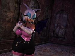  2016 3d_(artwork) 4:3 anthro bat big_breasts black_nose blue_eyes blx24 boots breasts clothed clothing digital_media_(artwork) female fingerless_gloves footwear fur gloves gun hair handwear hi_res inside latex legwear lips makeup mammal pink_lips ranged_weapon rouge_the_bat sega solo sonic_the_hedgehog_(series) standing thick_thighs thigh_boots thigh_highs weapon white_body white_fur white_hair wide_hipped_female wide_hips wings 