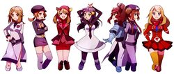  5girls :d :o aliana_(pokemon) alternate_costume ankea_(a-ramo-do) aqua_gloves aqua_shirt ariana_(pokemon) ariana_(pokemon)_(cosplay) arms_behind_back back-to-back beanie belt black_belt black_dress black_hat black_pantyhose blue_eyes blue_necktie boots breasts brown_eyes brown_hair buckle closed_mouth clothing_cutout commentary_request cosplay courtney_(pokemon) courtney_(pokemon)_(cosplay) crossed_arms dawn_(pokemon) dress elbow_gloves feet_out_of_frame furrowed_brow gesture gloves grey_belt grey_dress grey_legwear hair_bun hair_ornament hair_over_shoulder hairclip hand_on_own_hip hat highres hilda_(pokemon) holding holding_removed_eyewear horns knee_cutout leaf_(pokemon) leg_cutout legs_apart legs_together light_brown_hair long_hair long_sleeves looking_at_viewer looking_to_the_side lyra_(pokemon) mars_(pokemon) mars_(pokemon)_(cosplay) may_(pokemon) miniskirt multiple_girls necktie open_mouth orange_eyes outstretched_arm pantyhose parted_bangs pleated_skirt pokemon pokemon_bw pokemon_bw2 pokemon_dppt pokemon_frlg pokemon_hgss pokemon_oras pokemon_xy pose profile purple_eyes purple_footwear purple_hat red-tinted_eyewear red_dress red_footwear red_gloves ribbed_sweater rosa_(pokemon) sash serena_(pokemon) shirt short_dress short_sleeves sidelocks simple_background single_hair_bun single_letter skirt small_breasts smile smirk standing sunglasses sweater swept_bangs team_flare team_flare_uniform team_galactic team_galactic_uniform team_magma team_magma_uniform team_plasma team_plasma_grunt team_plasma_grunt_(cosplay) team_plasma_uniform team_rocket team_rocket_grunt team_rocket_grunt_(cosplay) team_rocket_uniform thighhighs tinted_eyewear turtleneck turtleneck_dress twintails uniform unworn_eyewear unworn_hat unworn_headwear v-shaped_eyebrows white_background yellow_eyes yellow_legwear zettai_ryouiki 