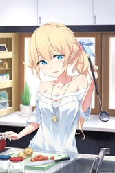  bad_id bad_pixiv_id bare_shoulders blonde_hair blue_eyes blue_ribbon blush breasts cleavage collarbone commentary_request counter cutting_board day faucet female food hair_between_eyes hair_ornament hair_ribbon highres holding indoors jar jewelry kitchen kitchen_knife long_hair looking_at_viewer loup off-shoulder_shirt off_shoulder original parted_lips pendant plant potted_plant ribbon shirt side_ponytail small_breasts smile solo star_(symbol) star_hair_ornament sunlight white_shirt window 