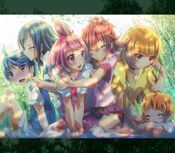  2boys 4girls :d aida_mana alternate_costume alternate_hairstyle blue_eyes blue_hair blush closed_eyes commentary_request dokidoki!_precure hair_down half_updo highres hishikawa_rikka hug hug_from_behind inoshishi_(ikatomo) letterboxed long_hair multiple_boys multiple_girls open_mouth orange_eyes orange_hair personification pink_eyes pink_hair precure rakeru_(dokidoki!_precure) rakeru_(dokidoki!_precure)_(human) rance_(dokidoki!_precure) rance_(dokidoki!_precure)_(human) sharuru_(dokidoki!_precure) sharuru_(dokidoki!_precure)_(human) short_hair sitting smile sunlight tree wariza wavy_mouth yotsuba_alice 