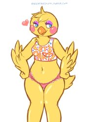  alternate_species anthro anthrofied avian beak bird blue_eyes blush breasts chicken clothing electrikestorm eyeshadow feathers female five_nights_at_freddy&#039;s five_nights_at_freddy&#039;s_2 furrification galliform gallus_(genus) hands_on_hips heart_symbol makeup non-mammal_breasts open_beak open_mouth panties phasianid portrait scottgames shirt simple_background smile solo three-quarter_portrait topwear toy_chica_(fnaf) underwear watermark white_background yellow_body yellow_feathers 