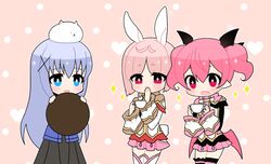  3girls angora_rabbit animal animal_ears animal_on_head blue_hair blush commentary_request crossover cup demon_girl emelia_pris gochuumon_wa_usagi_desu_ka? head_wings highres kafuu_chino light_blue_hair long_hair low_wings multiple_girls oerba_yun_fang on_head open_mouth pink_eyes pink_hair pointy_ears pop-up_story rabbit rabbit_ears rabbit_girl rabbit_house_uniform rabbit_tail red_eyes ruri_ookami short_hair skin_fang skirt smile sparkle st._feles_gakuen_uniform tail tea teacup thighhighs tippy_(gochiusa) twintails white_legwear wings yaka_(ir_mc8a) 