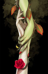  2girls batman_(series) black_nails colored_skin commentary dc_comics english_commentary flower green_skin hand_focus harley_quinn highres leaf monster_girl multiple_girls nail_polish pale_skin plant plant_girl poison_ivy realistic red_flower red_nails red_rose rose scar stjepan_sejic thorns vines yuri 