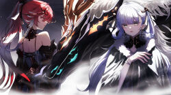  2girls absurdres bare_shoulders black_bow black_collar black_sleeves bow bright_pupils celly_(mogmog_99) changli_(wuthering_waves) cloak coat collar commentary detached_sleeves dragon dress earrings eastern_dragon fur-trimmed_cloak fur_trim hair_ornament hairbow highres jewelry jinhsi_(wuthering_waves) jue_(wuthering_waves) long_hair looking_at_viewer mole mole_on_cheek multicolored_hair multiple_girls parted_lips pink_hair ponytail sidelocks symbol-only_commentary two-tone_hair two_side_up very_long_hair white_bow white_cloak white_coat white_dress white_eyelashes white_eyes white_hair white_pupils wuthering_waves yellow_eyes 